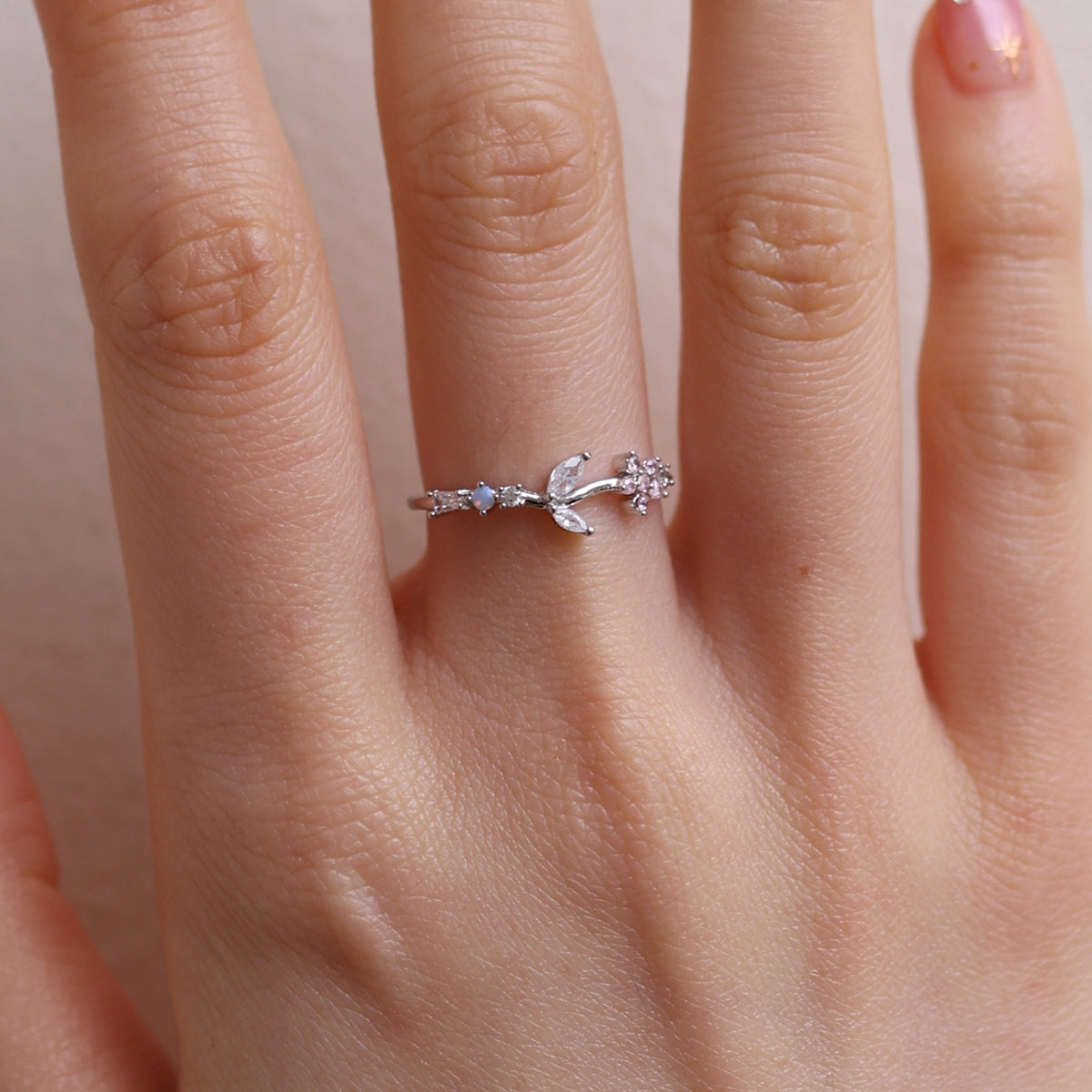 Moonstone flower leaf ring